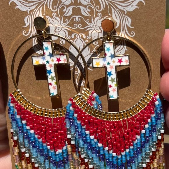 Handmade Beaded Long Faith Fringe Cross Dangle Drop Lightweight Post Earrings - Picture 4 of 11